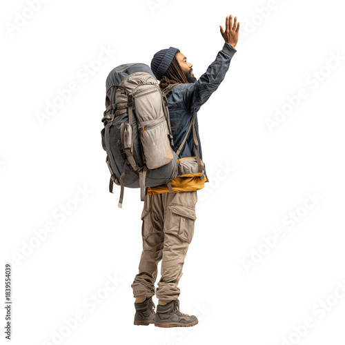 Hiker Waves While Wearing a Large Backpack With Camping Gear and Supplies