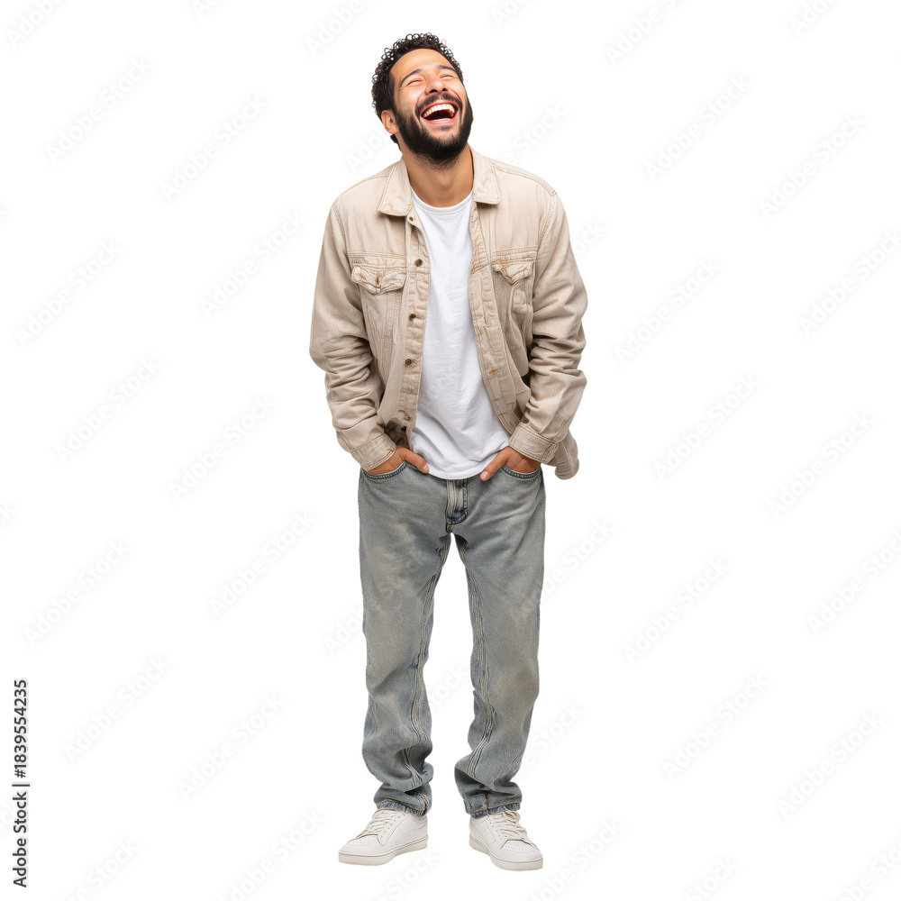Fototapeta premium Man Smiling While Standing With Hands in Pockets in Casual Outfit During Daylight Indoors