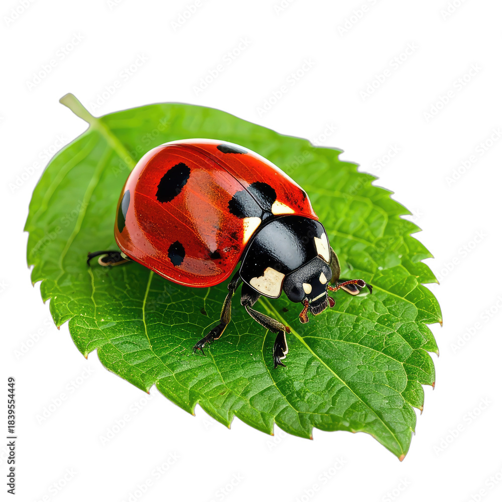 Fototapeta premium A close-up photograph captures a vibrant red and black ladybug resting on a textured green leaf against a stark black background.