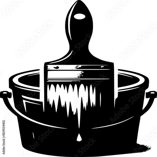Artistic strokes: A paint brush rests gracefully inside a paint bucket, the tool of creation dripping with fresh color. Evokes creativity and renewal.