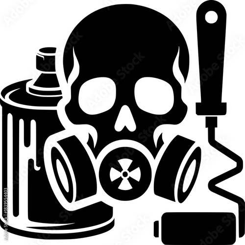 Toxic Threat: A stark graphic image of a skull wearing a respirator, alongside a paint can and roller, conveying a powerful message about hazardous materials.