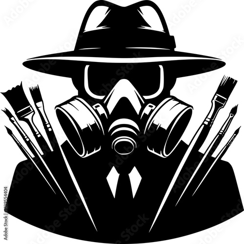 Artful Protector: A mysterious figure, donned in a hat and a gas mask, stands sentinel with an array of paint brushes, symbolizing a blend of protection and artistic creation.