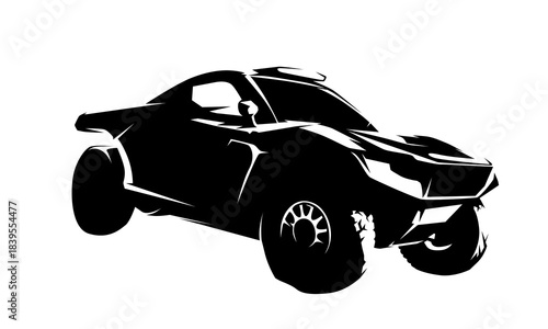 High contrast vector illustration of a personal rally Dakar racing car isolated on white background, dynamic off-road motorsport design.