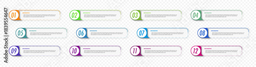 Bullet points number set from 1 to 12 list markers isolated on transparent background for process presentation, workflow, business, education, progress