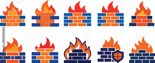 Firewall icon collection. Brick wall and fire icon set. Internet security concept