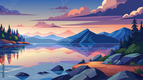 Very beautiful calm waters of Lake Champlain reflecting distant mountains under soft sky tones. Peaceful shoreline scenery captures Vermont’s natural quietness and gentle evening atmosphere with subtl