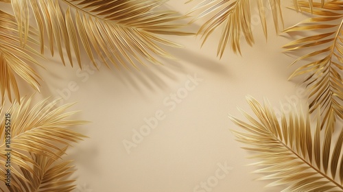 Flat-lay background for text, summer sale, featuring palm leaves of pastel tones against ivory background