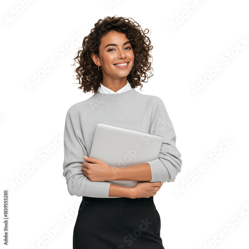 Woman Smiles While Holding a Laptop in a Simple Indoor Setting at a Daytime L...