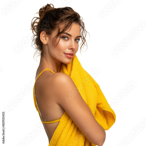 Woman Wrapped in a Yellow Towel Poses With a Smile in a Studio Setting