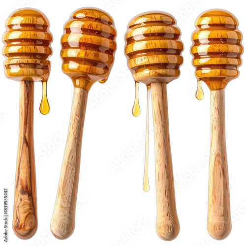 Four golden honey dippers dripping sweet amber liquid against a stark black background.