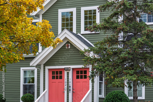 Fotografie A charming twin-door family home with autumn trees and classic architectural det
