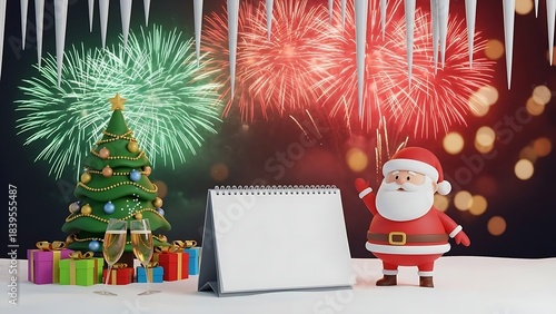 3D Santa Calendar Mockup Christmas New Year Celebration Fireworks