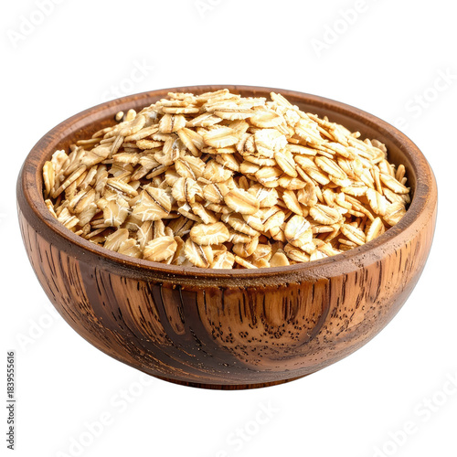 A close-up shot of rolled oats filling a rustic wooden bowl against a black background.
