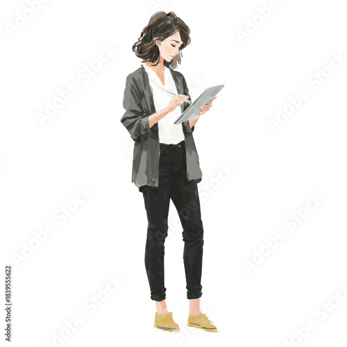 Woman Standing and Using a Tablet While Wearing a Casual Outfit in a Simple S...