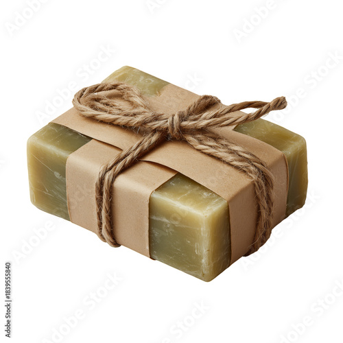 Handmade Soap Wrapped in Brown Paper and Tied With String Sits on a Plain Bac...