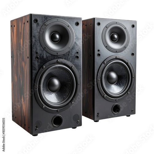 A pair of high-fidelity bookshelf speakers with dark wood grain sides set against a pure black background.