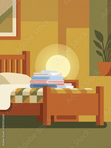 Bed with fresh laundry folded and bedside plant in cozy room  