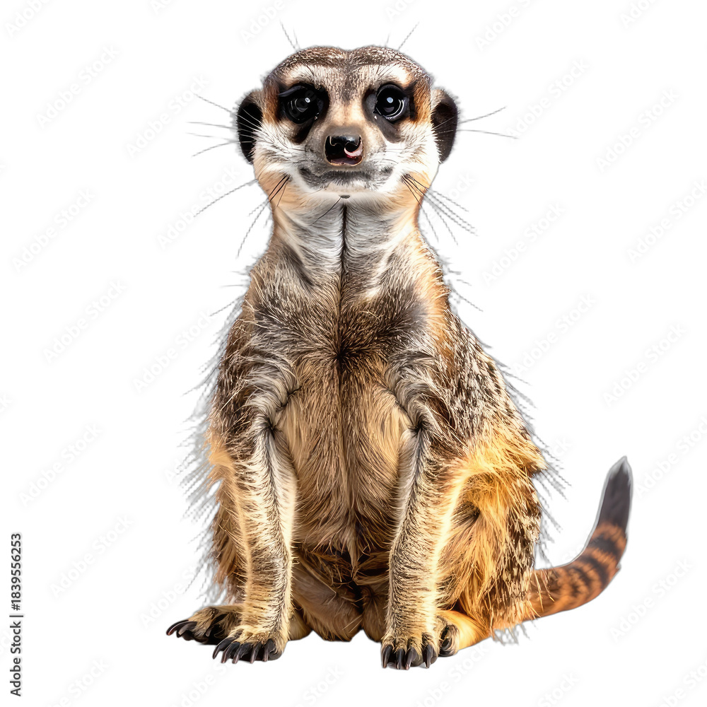 Fototapeta premium A captivating portrait of a curious meerkat sitting against a stark black background.