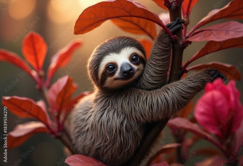 Obraz premium Charming Sloth Hanging Upside Down Amidst Foliage in a Playful Display of Curiosity