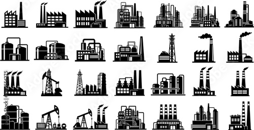 Factory, power plant industrial icons. Factory, power plant, oil refinery and oil processing plant industrial icon. Transparent background EPS version.