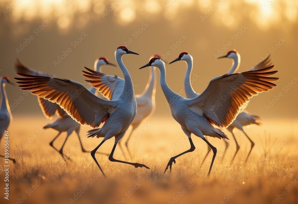 Fototapeta premium Elegant Sandhill Crane Dance Ritual Displaying Majestic Postures and Fluid Movements Under Bright Spring Sun