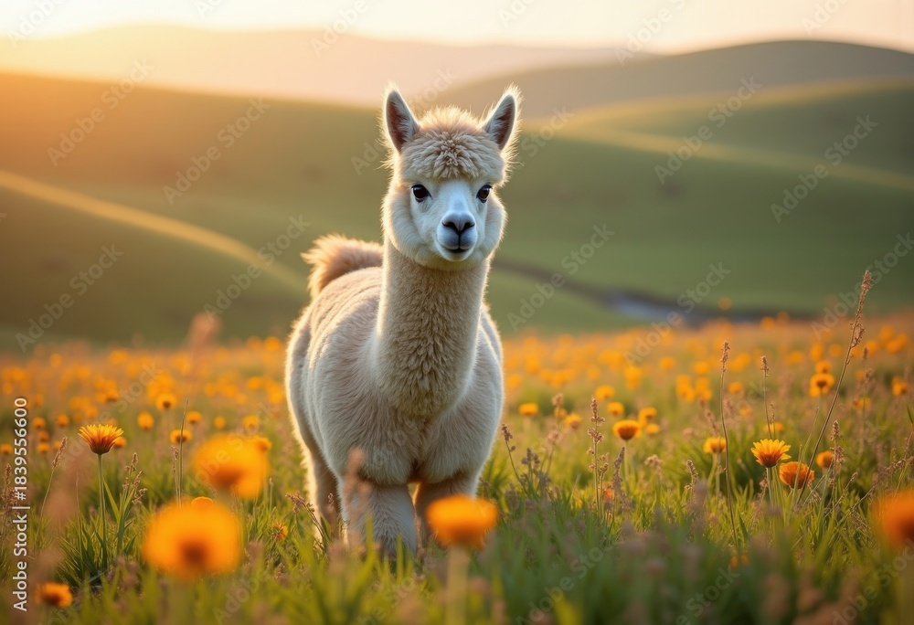 Obraz premium Fluffy Alpaca Grazing in Vibrant Meadow with Colorful Blossoms and Scenic Rolling Hills