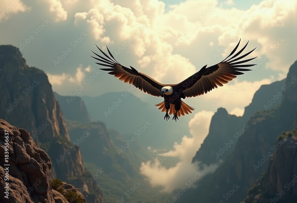 Naklejka premium Grand Condor Gliding Over Majestic Mountain Canyon with Turbulent Clouds and Dramatic Formations