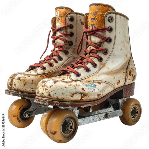 A pair of heavily worn, vintage white roller skates with red laces against a black background.