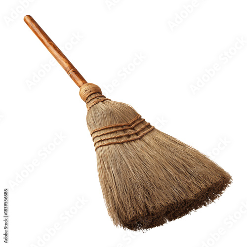 Broom With Natural Bristles on Wooden Handle for Cleaning in Homes and Yards