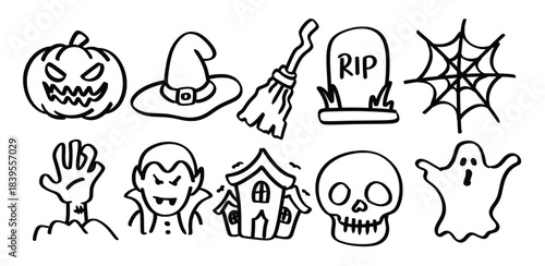 Set of hand drawn Halloween theme Isolated Vector