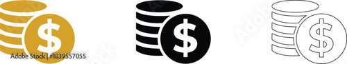 Realistic money coins stack with dollar sign in Golden and black and White Styles for Banking, Investment, and finance applications vector.