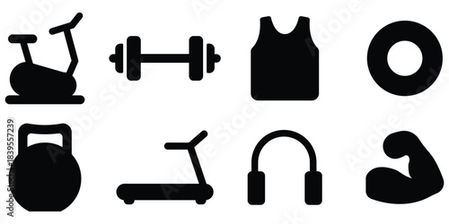 Fitness equipment icon set, Gym workout gear pack, Exercise training silhouette collection