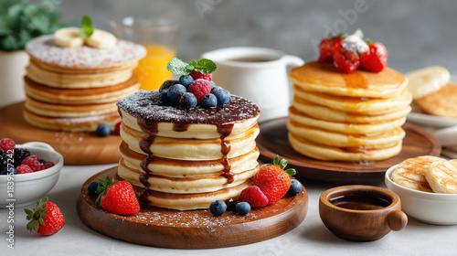 Stack of fluffy pancakes with chocolate syrup and fresh berries. Sweet breakfast food with blueberries, raspberries and mint on wooden table. Homemade dessert concept