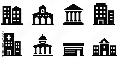 Government building silhouette set, City architecture icon pack, Public institution structure collection