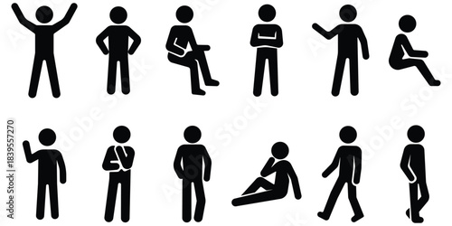 Stickman gesture figure set, Human pose icon pack, Standing and sitting silhouette collection