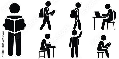 Student study silhouette set, Reading and learning icon pack, School education figure collection