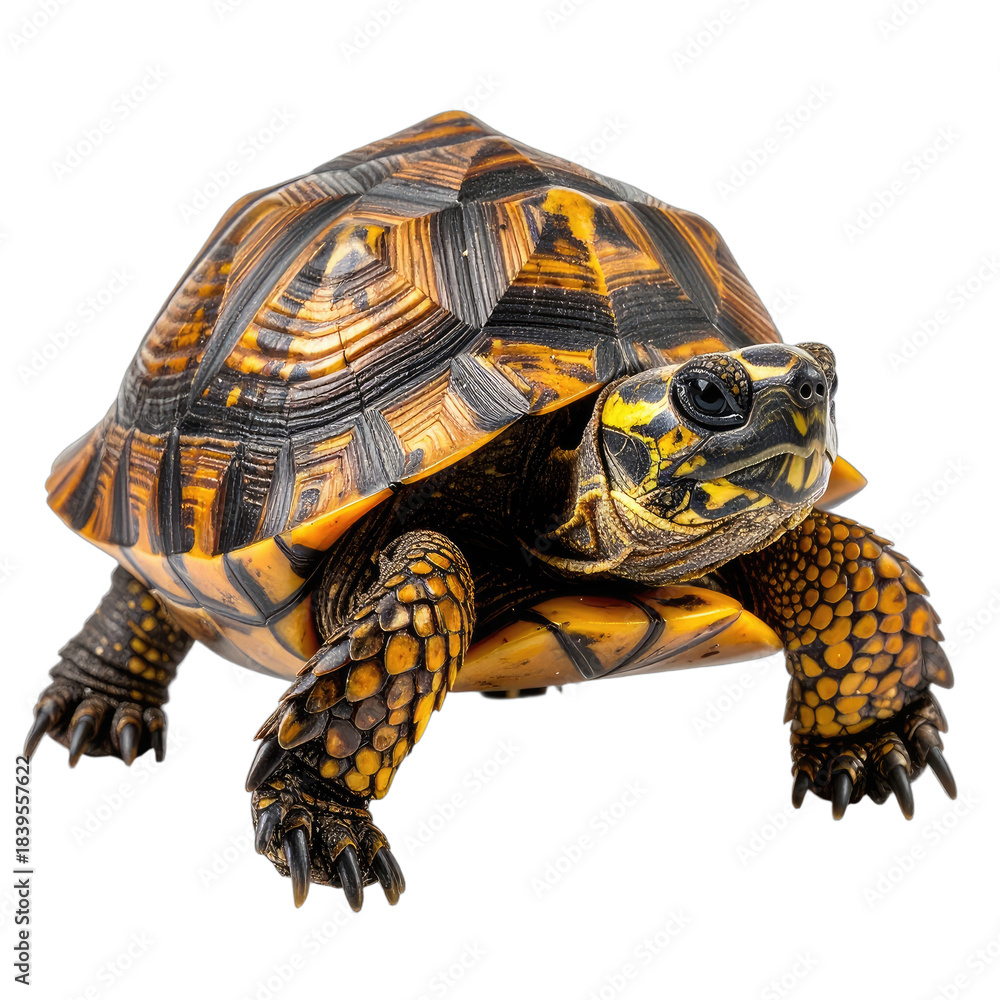 Fototapeta premium A striking close-up portrait of a colorful box turtle against a solid black background.
