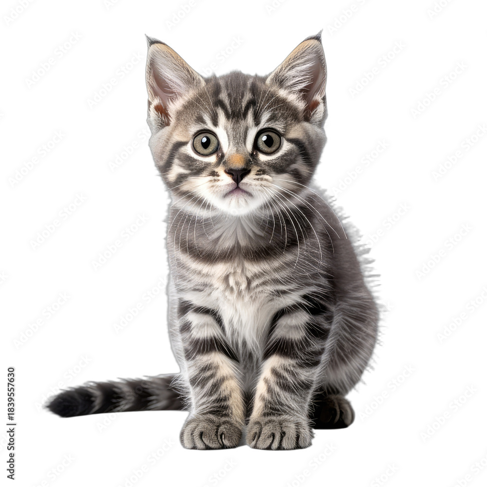 Obraz premium A captivating portrait of a wide-eyed tabby kitten against a stark black background.