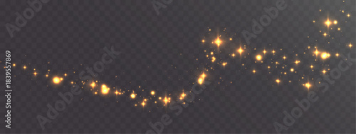 Golden glowing sparkles forming flowing magic trail with bright star particles on transparent dark background, festive light effect, vector EPS illustration.
