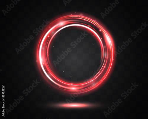 Glowing neon red magic ring with bright energy swirl, sparkling particles and light reflection on dark transparent background, vector EPS illustration.
