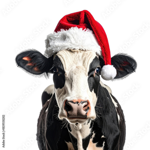 A Holstein cow wears a festive red and white Santa hat against a solid black background.