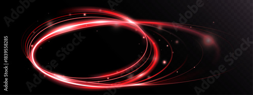 Glowing neon red oval frame with flowing energy swirl and sparkling particles on dark transparent background, vector EPS illustration.