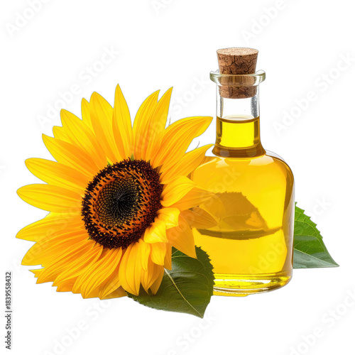 A bright yellow sunflower next to a small glass bottle filled with golden sunflower oil, isolated on black.