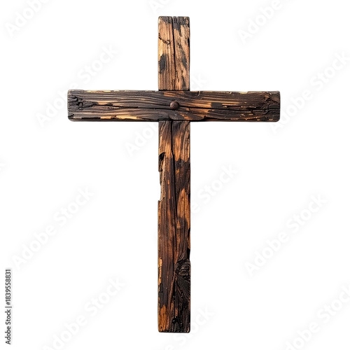 A rugged, dark wooden cross with a visible nail against a pure black background.