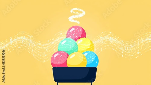 Animated Bowl of Colorful Steaming Ice Cream Scoops.