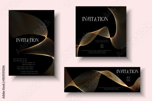 Luxury golden invitation card background, geometric wave gold line gradient frame different formats typography design. Elegant Template for advertising, gala card, grand opening, party invitation