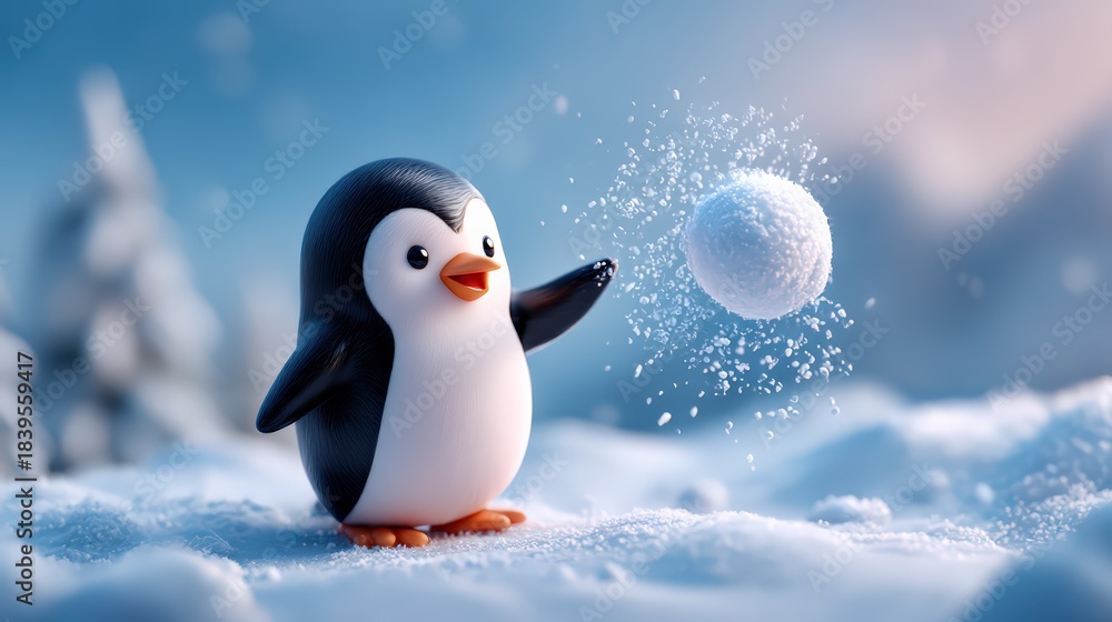Fototapeta premium Cute Cartoon Penguin Playing with Snowball in Winter Scene