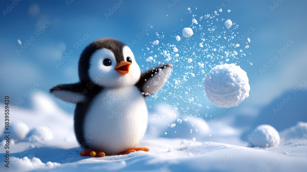 Obraz premium Cute Cartoon Penguin Playing with Snow in Winter Scene