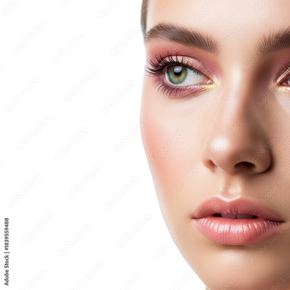 Fototapeta premium Close up of a woman s face with pink eyeshadow isolated on transparent background