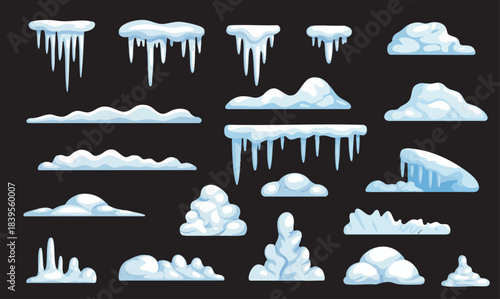 Snow caps, snowy ice and frozen icicles, vector cartoon icons, isolated on transparent background. Abstract snow frost caps and icicles of house roof shape for Christmas and New Year elements design